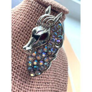 Vintage CORO Horse Head Brooch Rhinestone Aurora Borealis Red Eye 2 1/4” X 1 1/4